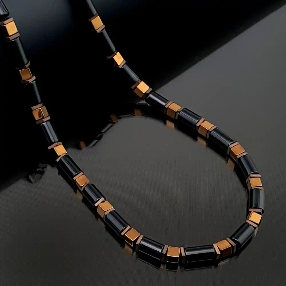 El yapımı Bakır Hematit ve Siyah Akik Taşı Bileklik Kolye Set