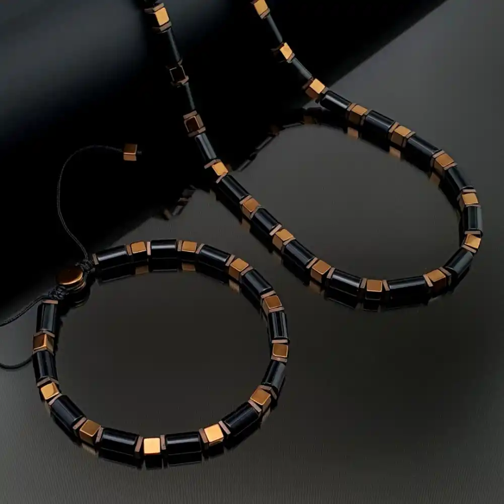 El yapımı Bakır Hematit ve Siyah Akik Taşı Bileklik Kolye Set