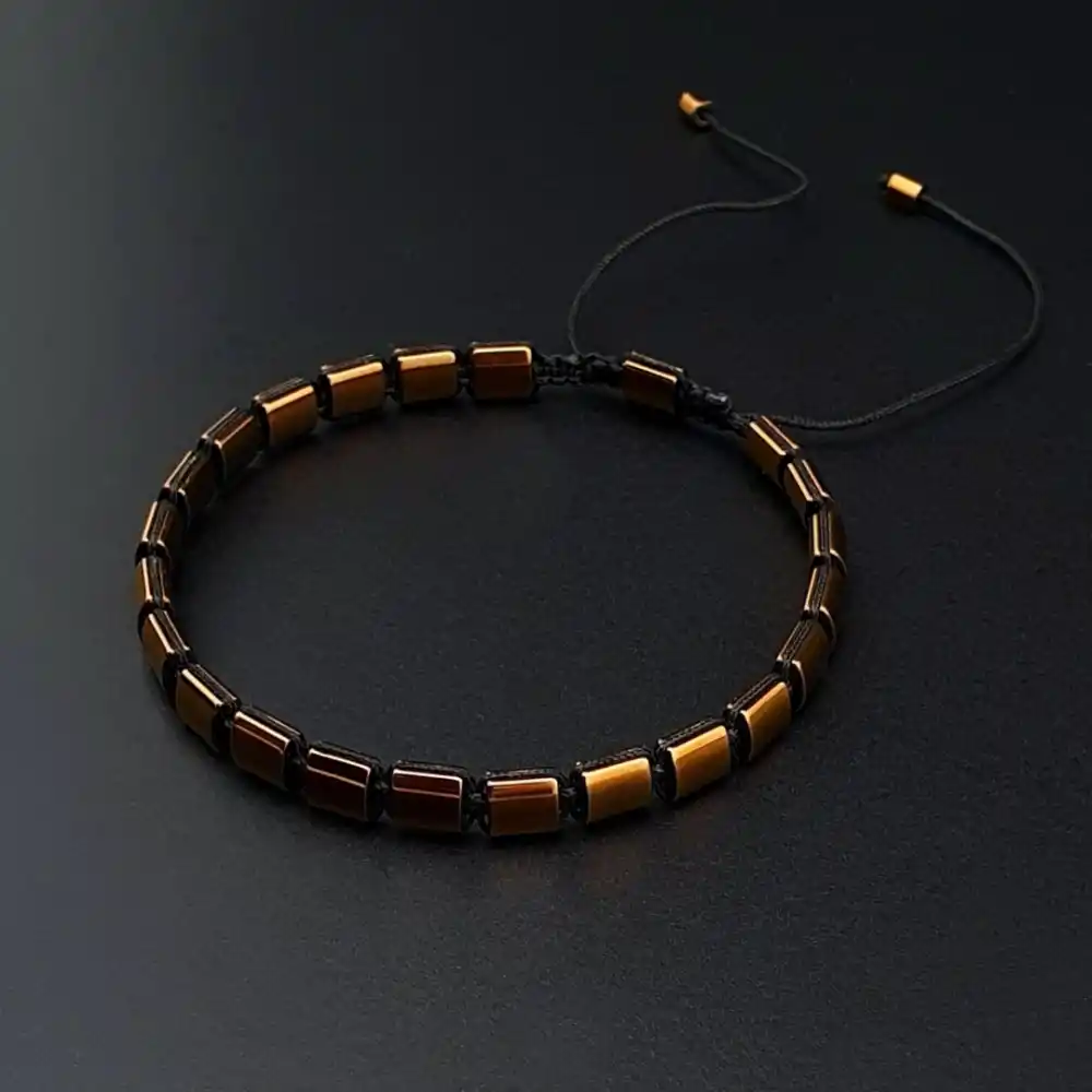Hematit Bakır Renk Doğal Taş Kanallı Makrome Bileklik – El Yapımı Şık ve Ayarlanabilir Tasarım