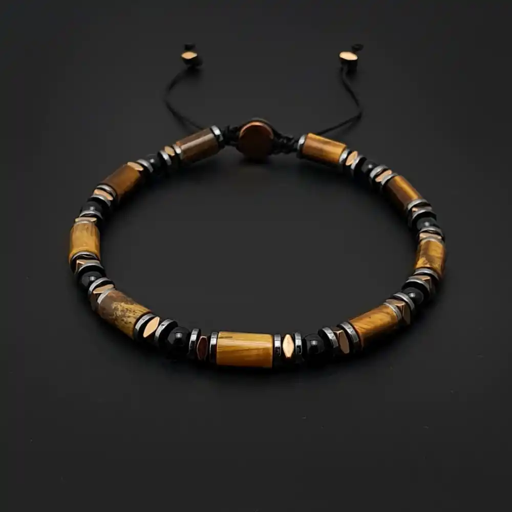 Kaplan Gözü ve Akik Doğal Taş Slim Makrome Bileklik, Ayarlanabilir