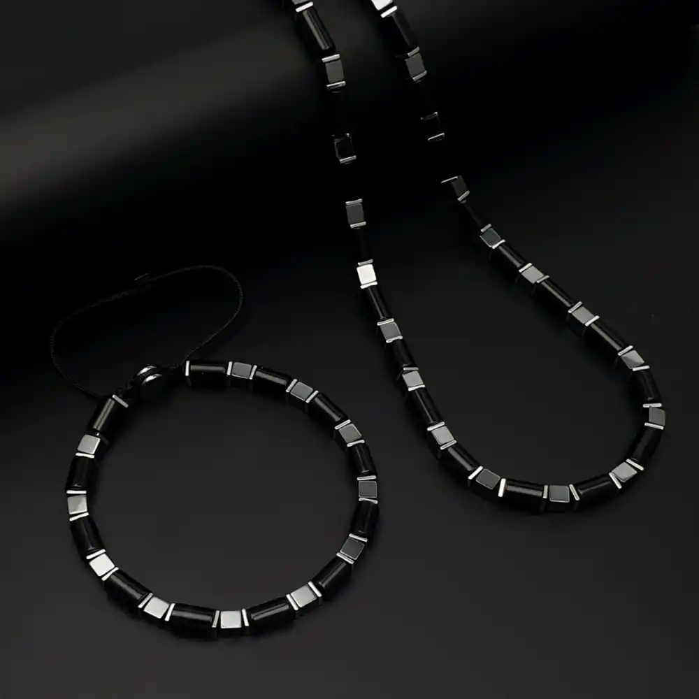 Siyah Hematit ve Akik Taşı Kolye & Bileklik Set