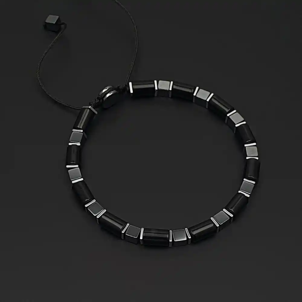 Siyah Hematit ve Akik Taşı Makrome Bileklik