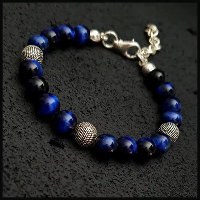 Lacivert Kaplan Gözü Gümüş Bileklik