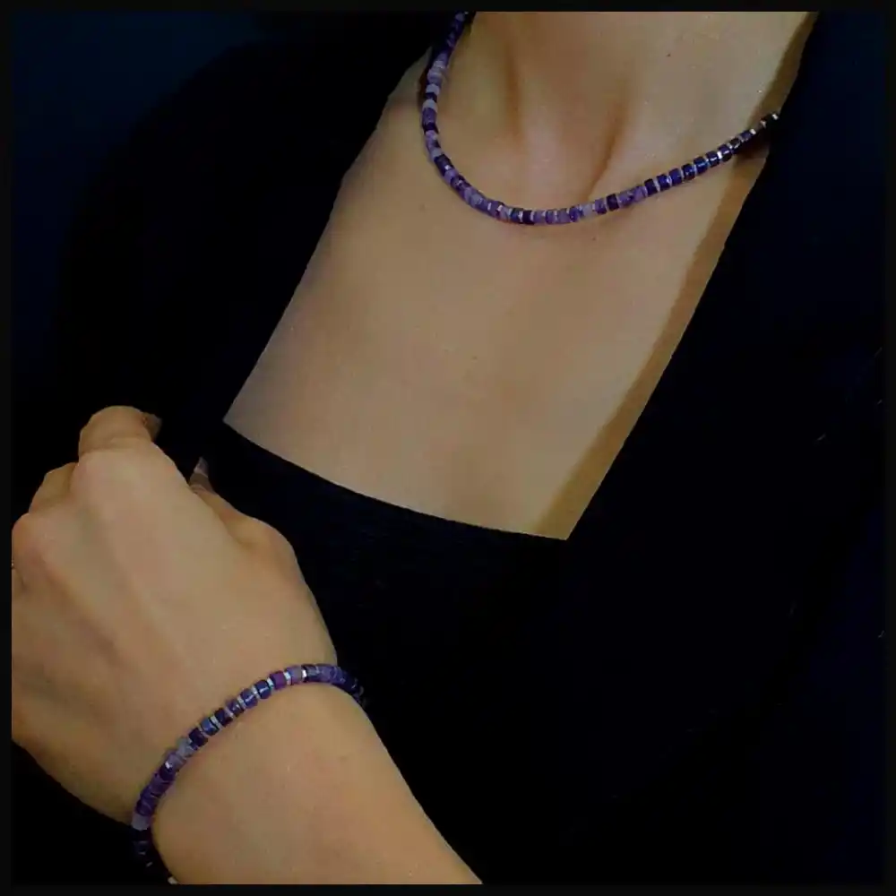 Ametist ve Hematit Gümüş Bileklik ve Kolye Set