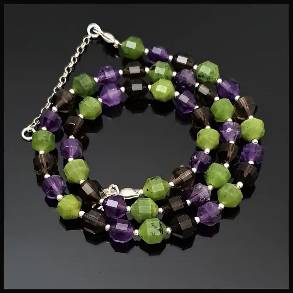 Ametist, Dumanlı Kuvars, Yeşim Taşı Pırlanta Kesim Gümüş Kolye