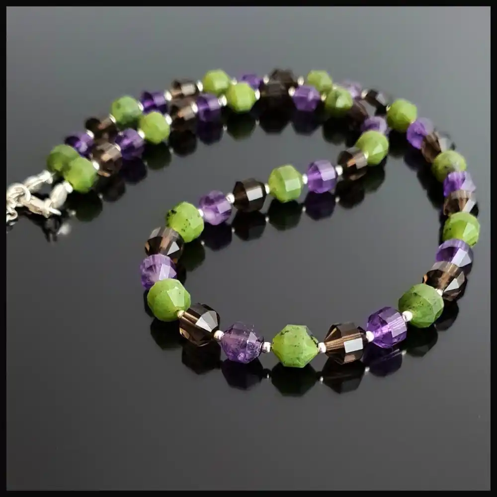 Ametist, Dumanlı Kuvars, Yeşim Taşı Pırlanta Kesim Gümüş Kolye