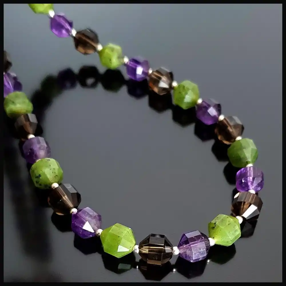 Ametist, Dumanlı Kuvars, Yeşim Taşı Pırlanta Kesim Gümüş Kolye