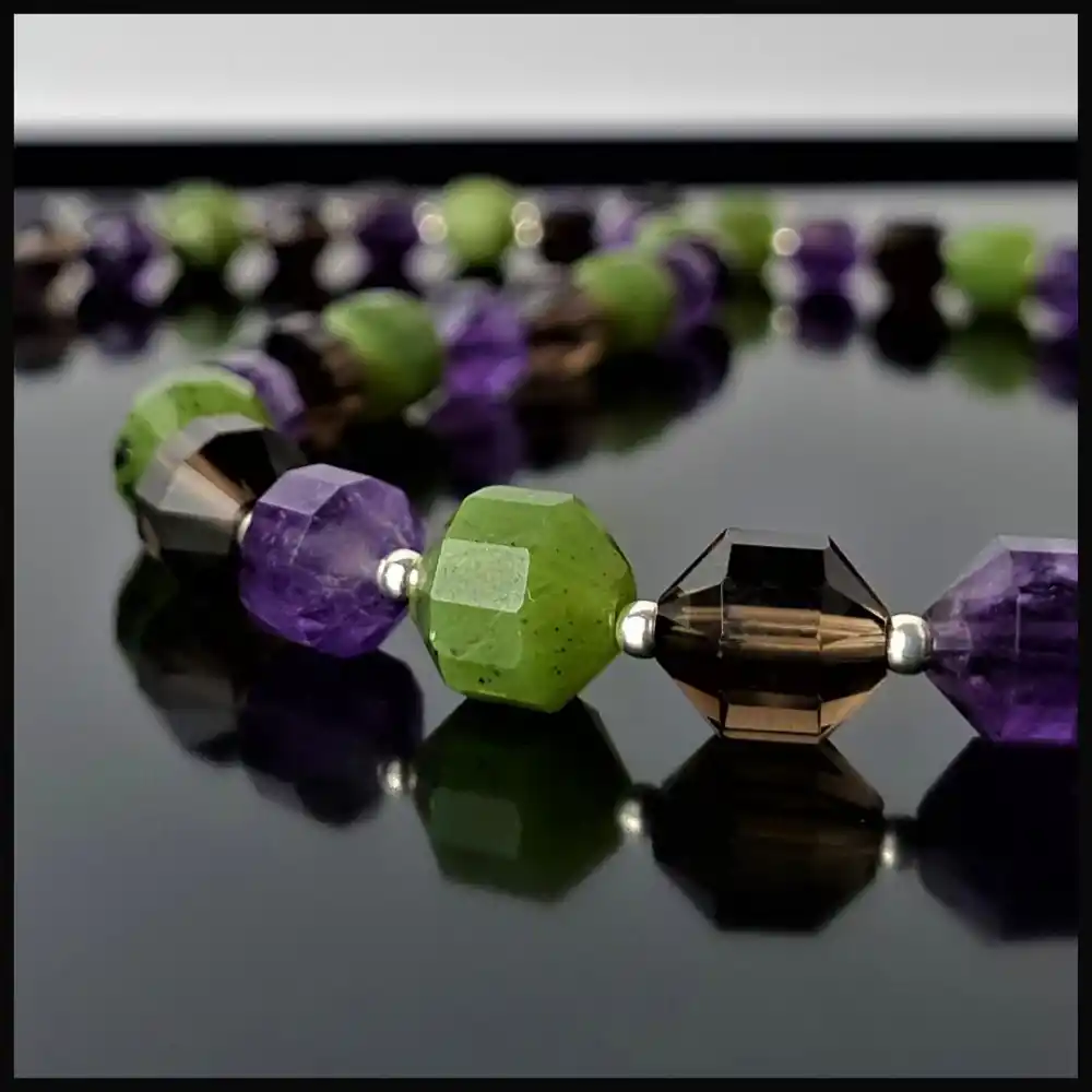 Ametist, Dumanlı Kuvars, Yeşim Taşı Pırlanta Kesim Gümüş Kolye