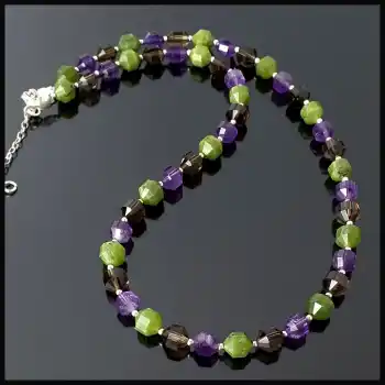 Ametist, Dumanlı Kuvars, Yeşim Taşı Pırlanta Kesim Gümüş Kolye