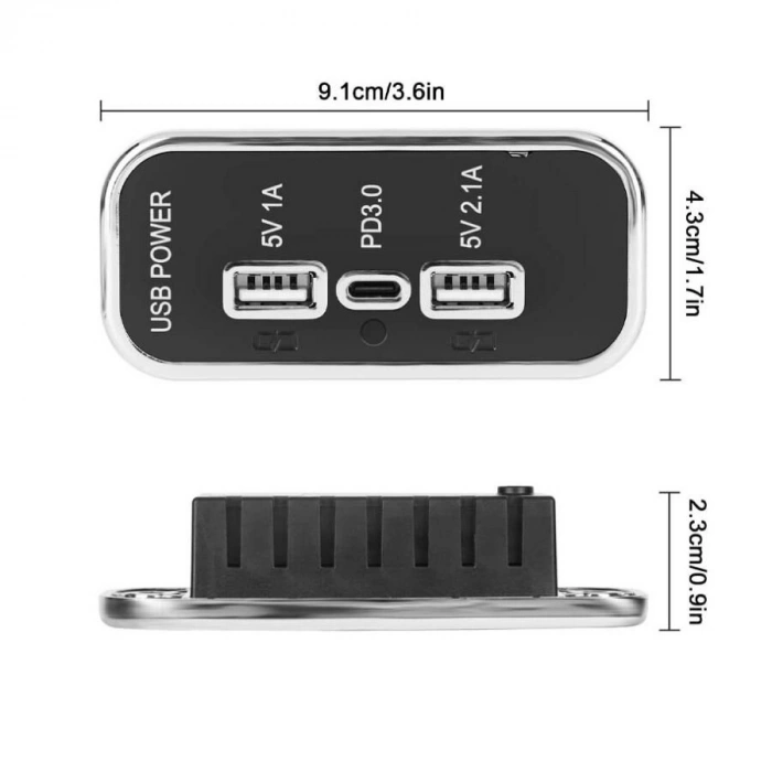12-24V PD3.0 Type-C + 5V 1A USB + 5V 2.1A USB Şarj Soketi