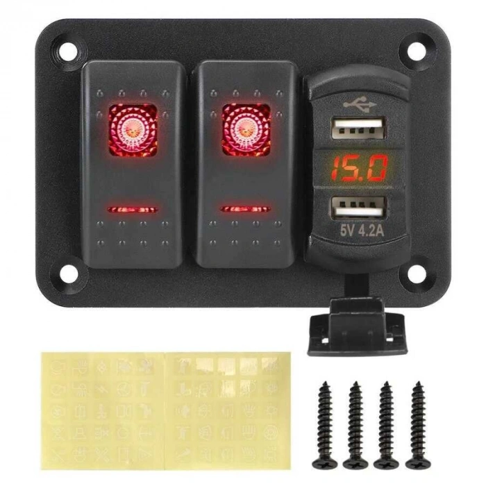 2li ON-OFF Işıklı Anahtar Switch Panel 2x5V USB ve Voltaj Göstergeli
