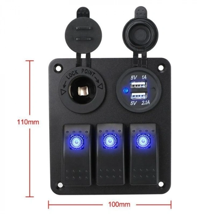 3lü ON-OFF Işıklı Anahtar Switch Panel 2x5V USB ve Çakmaklık Çıkışlı