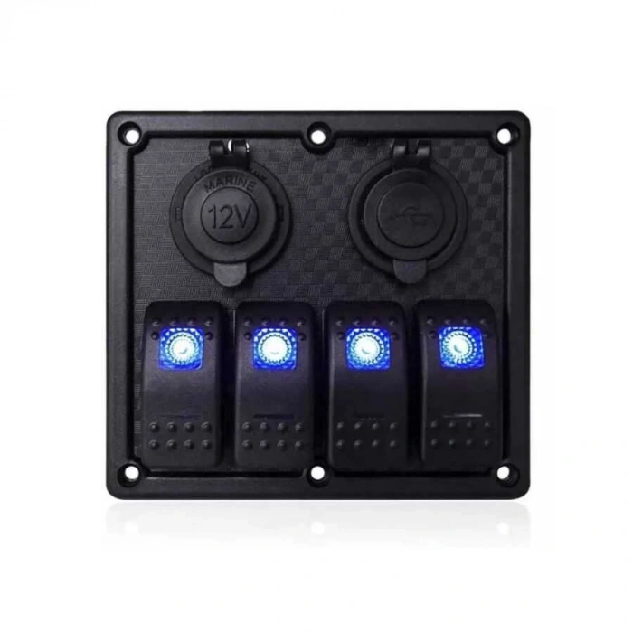 4lü ON-OFF Işıklı Anahtar Switch Panel 2x5V USB ve Çakmaklık Çıkışlı