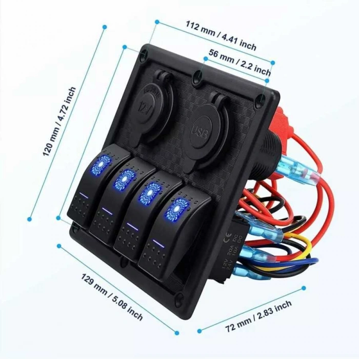 4lü ON-OFF Işıklı Anahtar Switch Panel 2x5V USB ve Çakmaklık Çıkışlı