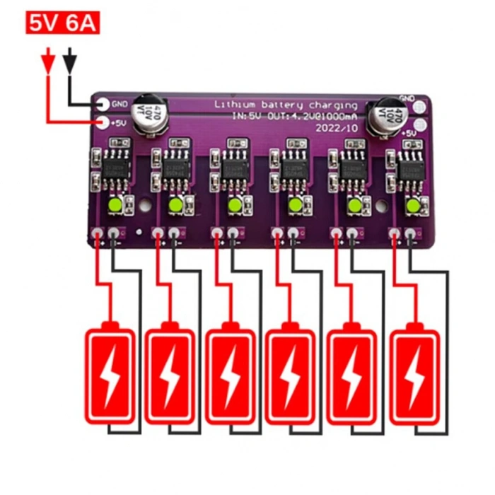 6-Kanal Bağımsız 4.2V 18650 Pil Şarj Devresi