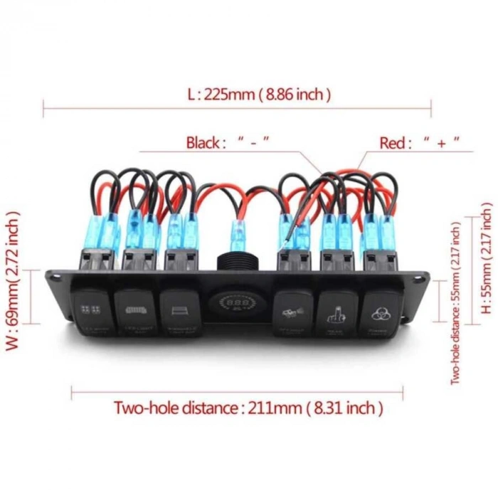 6lı ON-OFF Işıklı Anahtar Switch Panel 12V-24V Voltaj Göstergeli