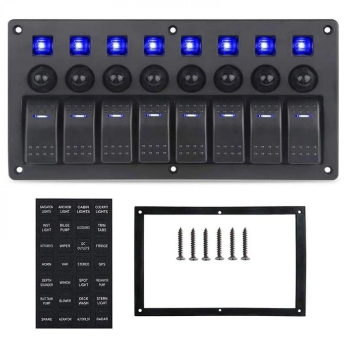 8li ON-OFF Mavi Işıklı Anahtar Switch Panel - Aşırı Akım Korumalı