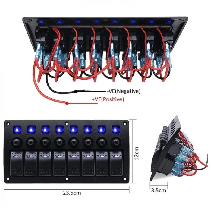 8li ON-OFF Mavi Işıklı Anahtar Switch Panel - Aşırı Akım Korumalı