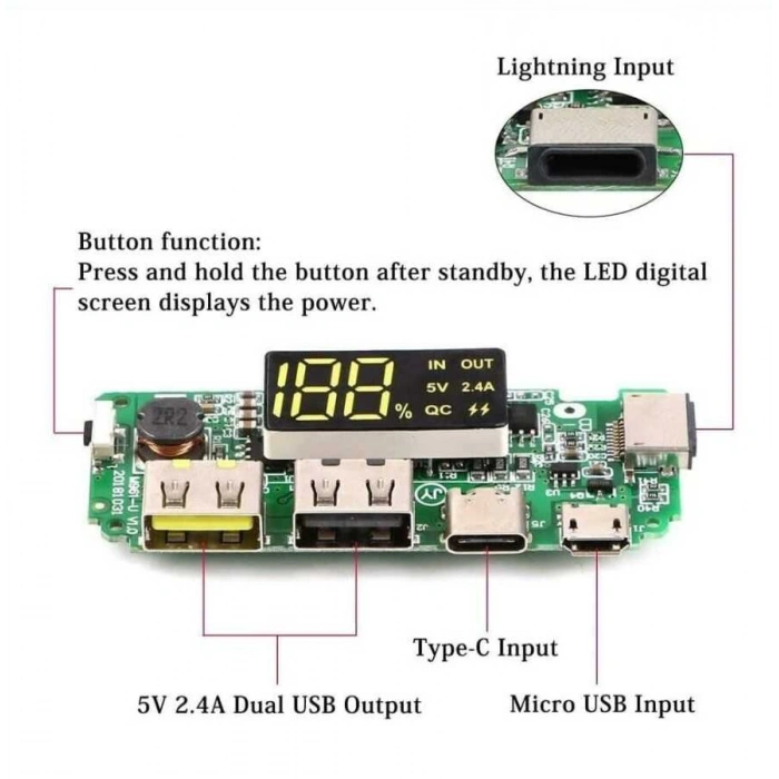 Çift USB 5V 2.4A Ledli Micro Type-C Powerbank Modülü