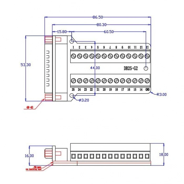 D-Sub DB25-G2 25-Pin Erkek Terminal Block Adaptörü