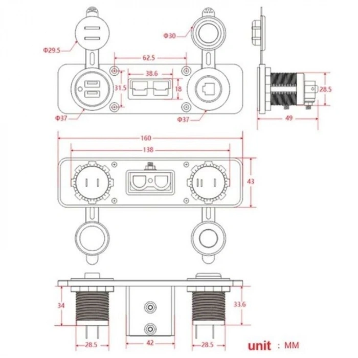 Dişi Araç Çakmaklık ve 2x5V USB Paneli - Anderson Power Soketli