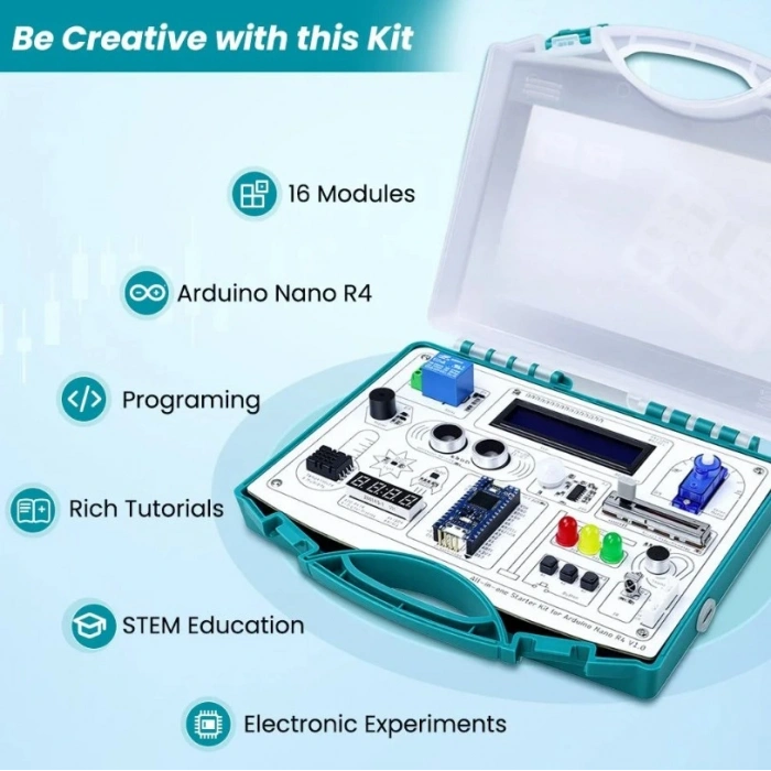 Elecrow Arduino NANO R4 Hepsi Bir Arada Başlangıç Seti (16 Modül, 20 Ders)