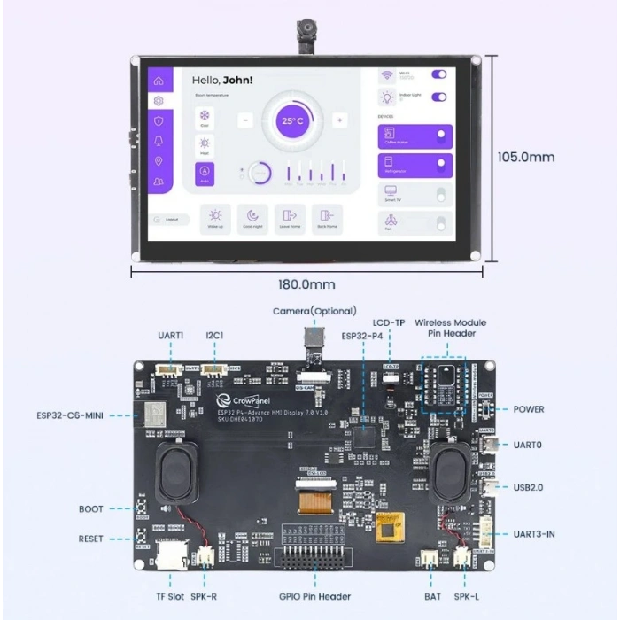 Elecrow CrowPanel Advanced 7 İnç ESP32-P4 WiFi 6 HMI Dokunmatik IPS Ekran (1024x600)