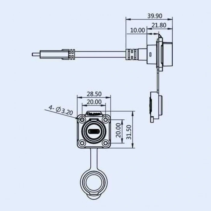 LP16-TYPEC-MP-FS-1M-002 Su Geçirmez Type C 3.1 Dişi Panel Tip Konnektör - 1M Kablo