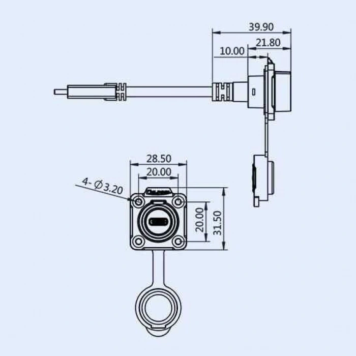 LP16-TYPEC-MP-FS-2M-002 Su Geçirmez Type C 3.1 Dişi Panel Tip Konnektör - 2M Kablo