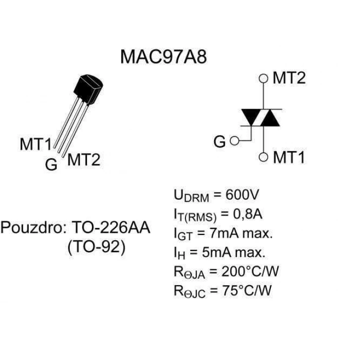 MAC97A8 - TO92 0.6A 600V Triyak