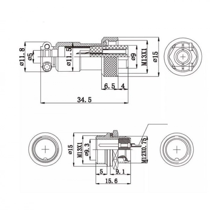 Mike Konnektör 12mm 6 Pin - Erkek
