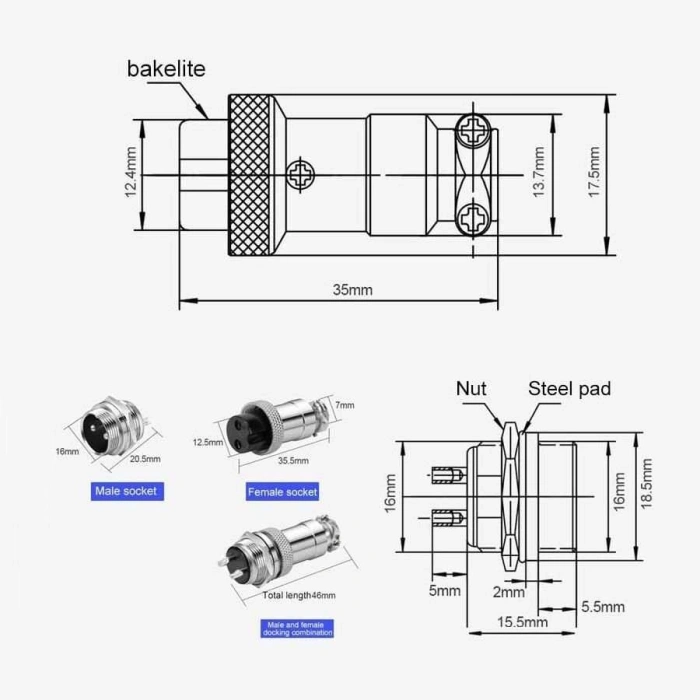 Mike Konnektör 2-Pin 16mm - Erkek