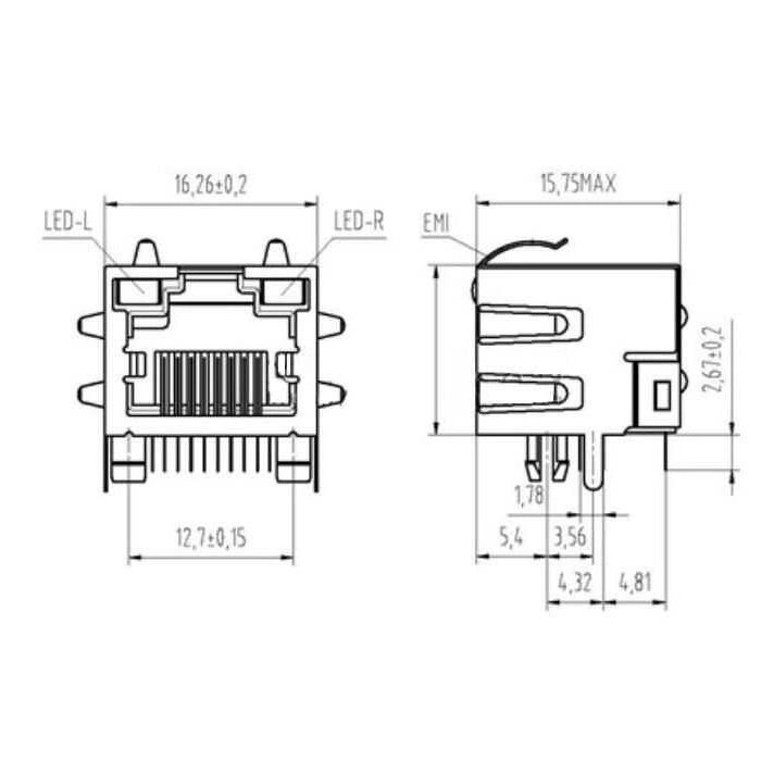 RJ45 8P8C Işıklı Dişi Ethernet Konnektörü - PCB Tipi