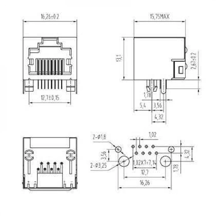 RJ45 Dişi Ethernet Konnektörü - PCB Tipi 16x16x13mm