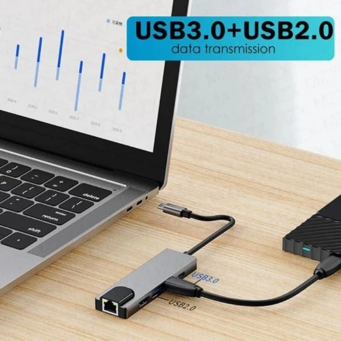 Type-C Hub 5in1 2 Port USB 3.0 + 100Mpbs Ethernet + HDMI + Type-C Çevirici