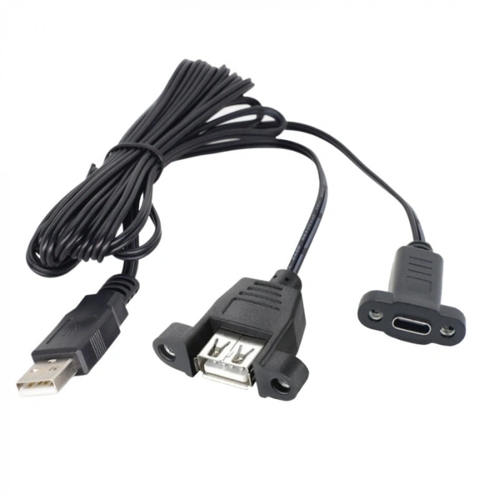 USB 2.0 Erkek to USB Type-A Dişi + Type-C Dişi Panel Tipi Uzatma Kablosu - 1.5 Metre