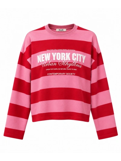 Çizgili Oversize Sweatshirt Kırmızı Pembe - ZYRA