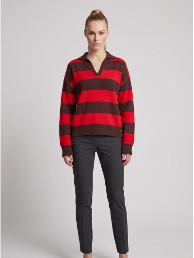 NOLA Çizgili Polo Yaka Oversize Triko Kazak
