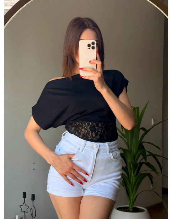 Kadın Kayık Yaka Beli Dantelli Bluz | Madonna Yaka Günlük Şık Bluz-
