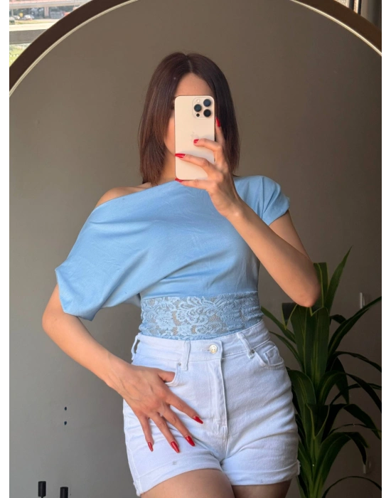 Kadın Kayık Yaka Beli Dantelli Bluz | Madonna Yaka Günlük Şık Bluz-