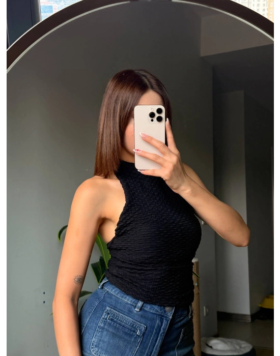 Kadın Halter Yaka Gofre Dokulu Esnek Bluz