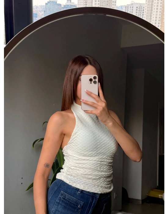 Kadın Halter Yaka Gofre Dokulu Esnek Bluz
