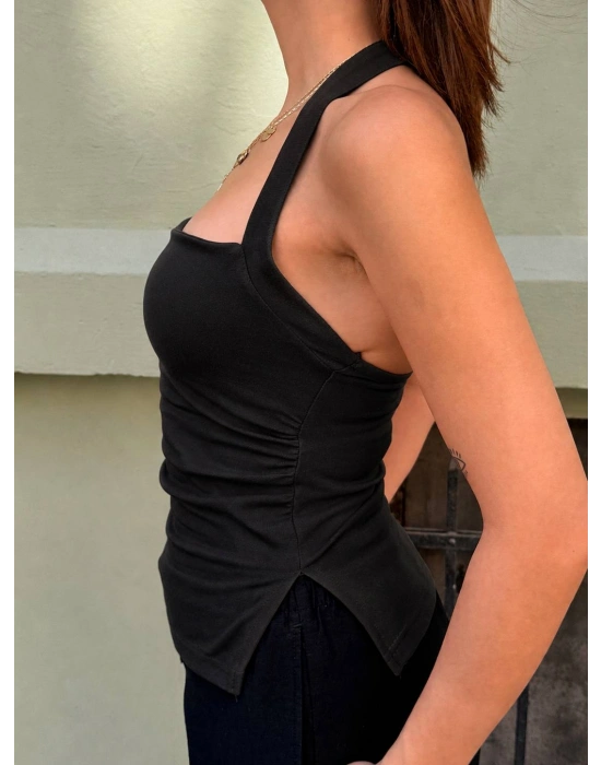 Halter Yaka Sırtı Açık Büzgülü Bluz | Kadın Crop Top V Yırtmaçlı Etek