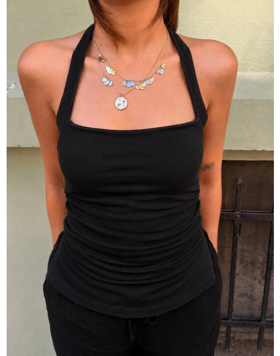 Halter Yaka Sırtı Açık Büzgülü Bluz | Kadın Crop Top V Yırtmaçlı Etek