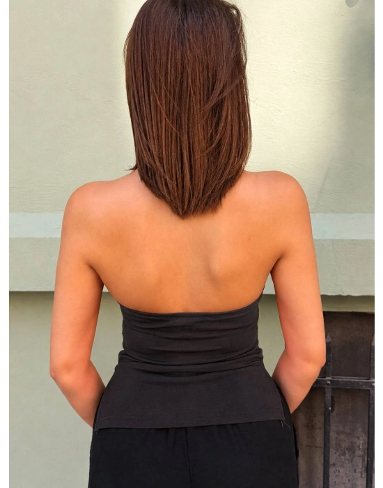 Halter Yaka Sırtı Açık Büzgülü Bluz | Kadın Crop Top V Yırtmaçlı Etek