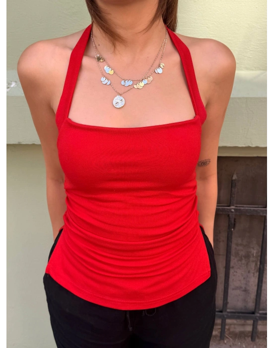 Halter Yaka Sırtı Açık Büzgülü Bluz | Kadın Crop Top V Yırtmaçlı Etek