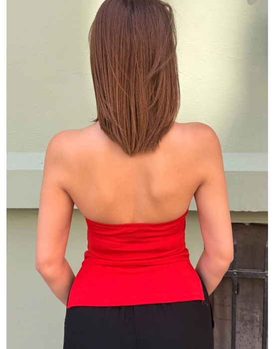 Halter Yaka Sırtı Açık Büzgülü Bluz | Kadın Crop Top V Yırtmaçlı Etek