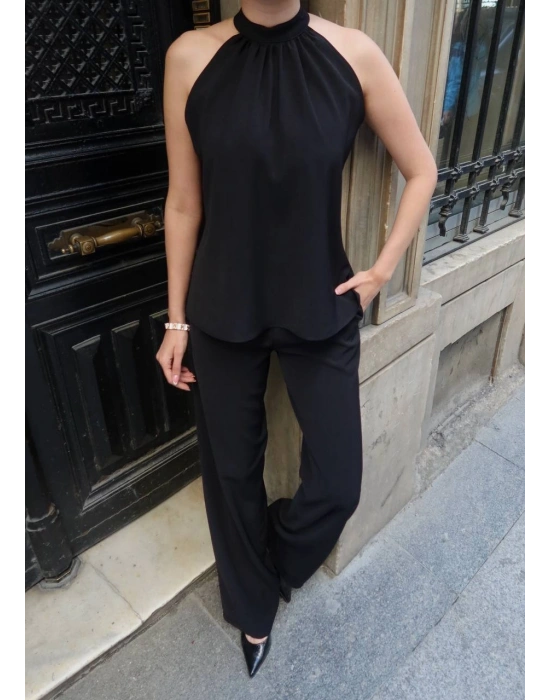 Halter Yaka Dokuma Bluz Palazzo Pantolon Takım – Kadın İkili Takım