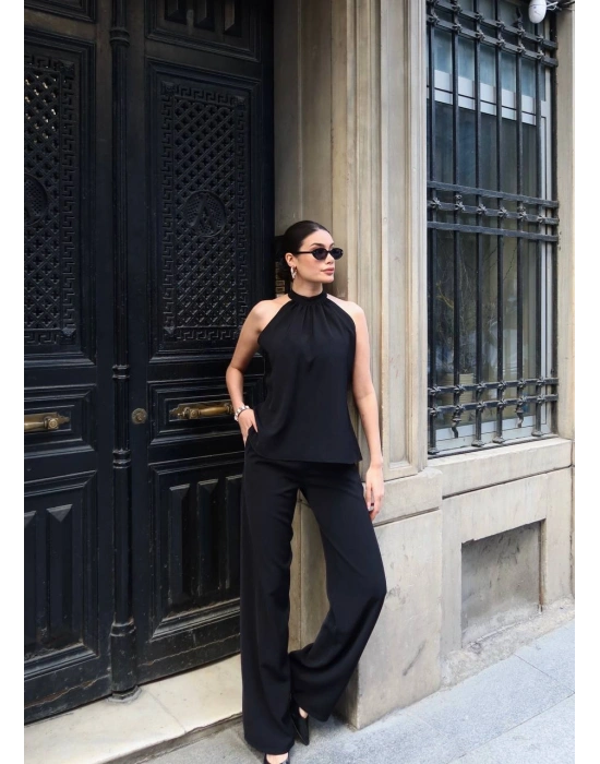 Halter Yaka Dokuma Bluz Palazzo Pantolon Takım – Kadın İkili Takım