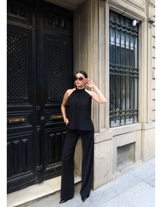 Halter Yaka Dokuma Bluz Palazzo Pantolon Takım – Kadın İkili Takım